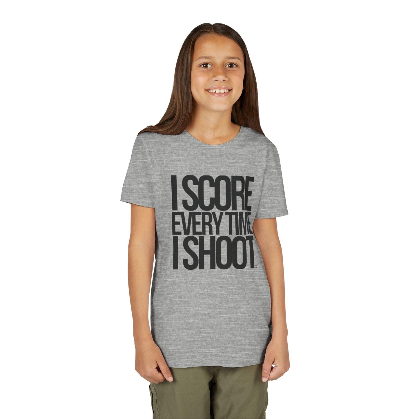 Youth Sports Tee - white letters I Score Everytime I Shoot