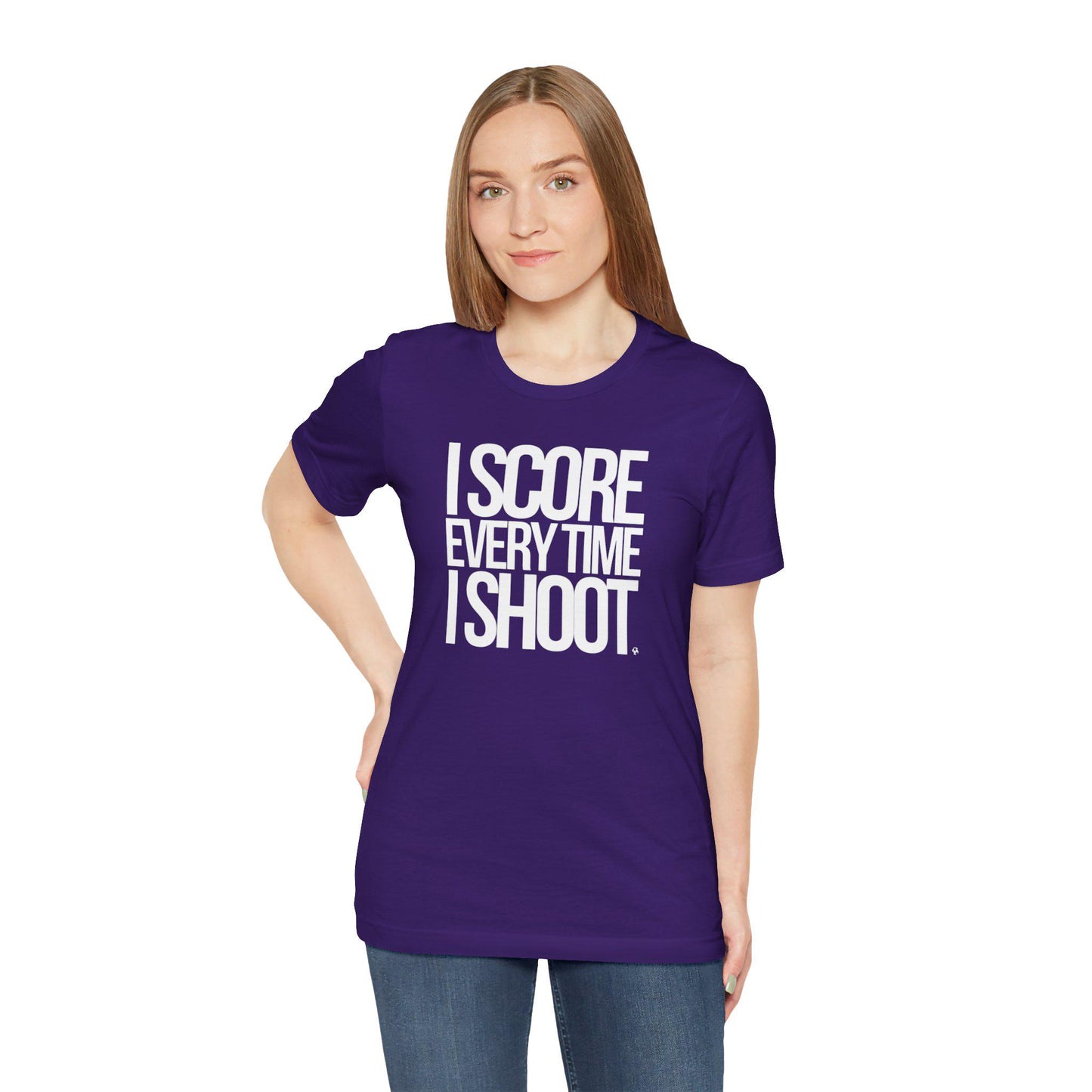 Adult Unisex T-shirt I Score Every Time I Shoot Unisex Jersey Tee | white letters