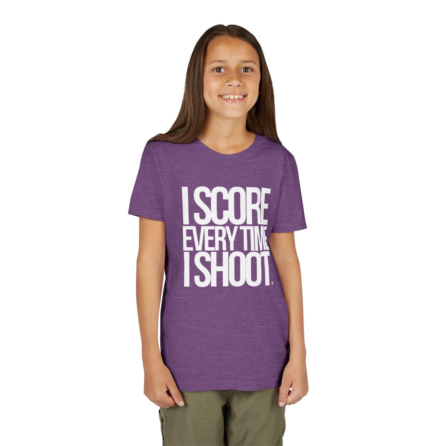 Youth Sporty Tee - white letters I Score Every Time I Shoot |