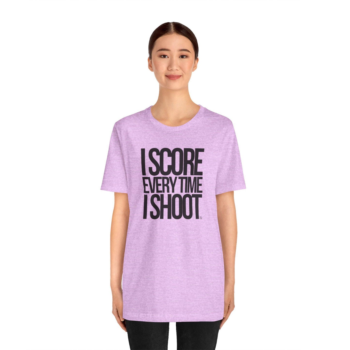 Adult Unisex T-shirt I Score Every Time I Shoot Unisex Jersey Tee | Black letters